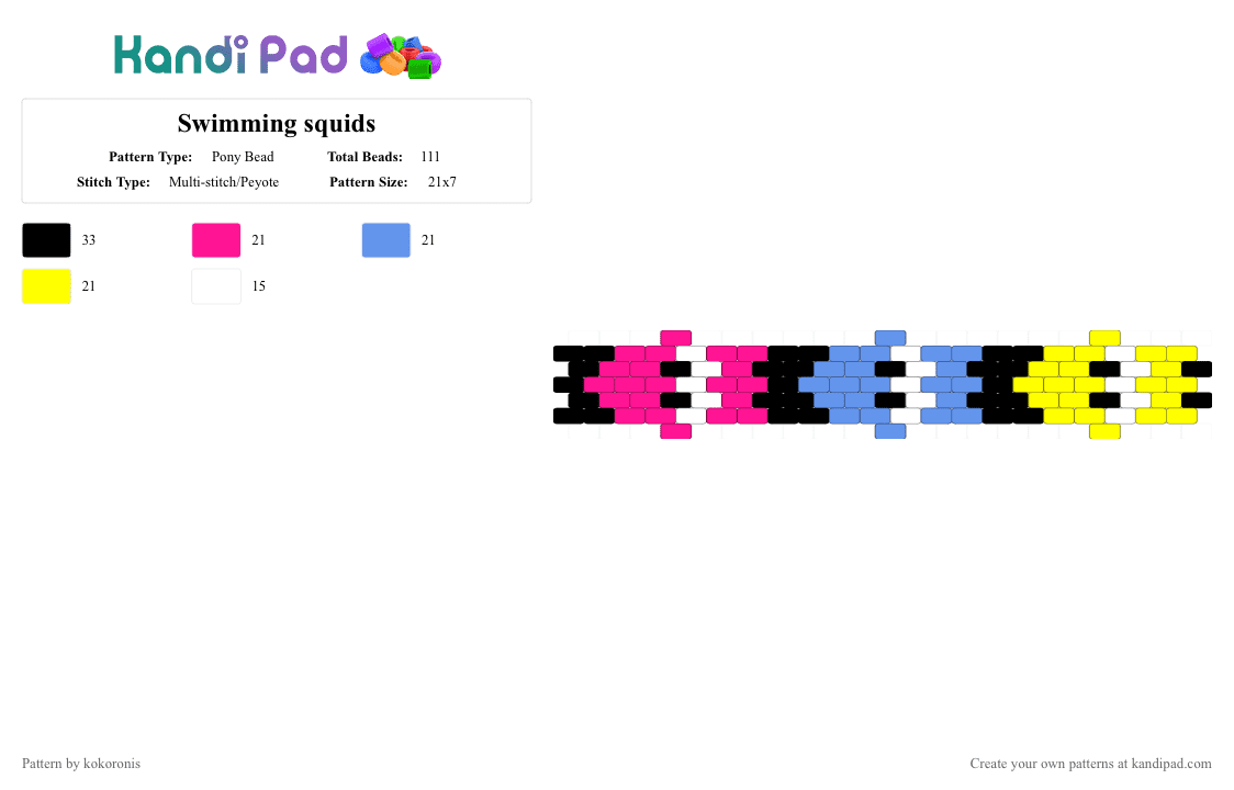 Swimming squids - Pony Bead Pattern by kokoronis on Kandi Pad - pink,light blue,yellow,video games,splatoon,bracelet,cuff