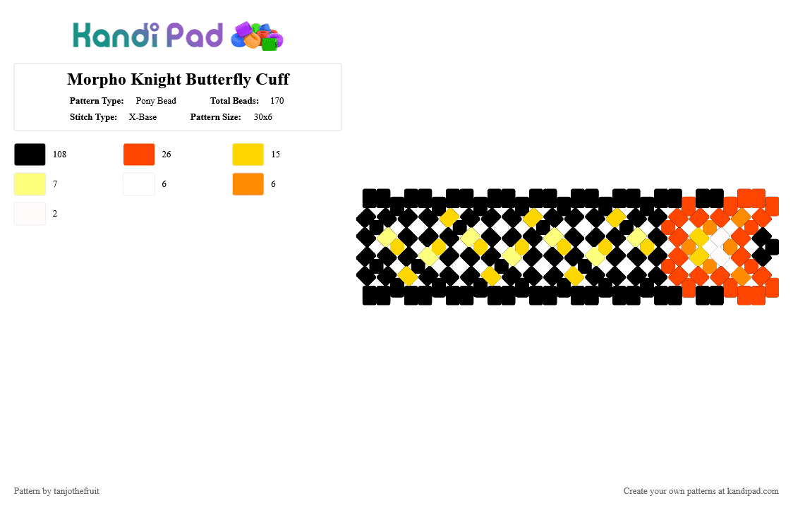 Morpho Knight Butterfly Cuff - Pony Bead Pattern by tanjothefruit on Kandi Pad - black, cuff, gaming, kirby, morpho knight, red, x base, yellow