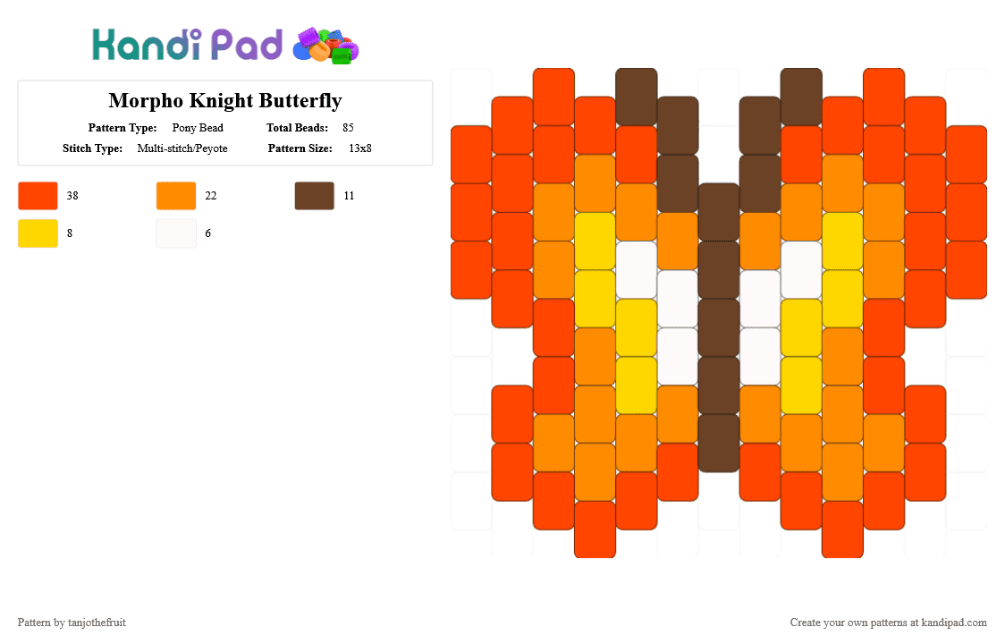 Morpho Knight Butterfly - Pony Bead Pattern by tanjothefruit on Kandi Pad - orange,red,kirby,butterfly,morpho knight,charm,peyote