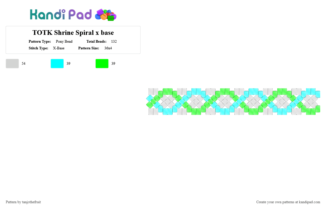 TOTK Shrine Spiral x base - Pony Bead Pattern by tanjothefruit on Kandi Pad - dna, green, light blue, spiral, the legend of zelda, totk, xbase, zelda