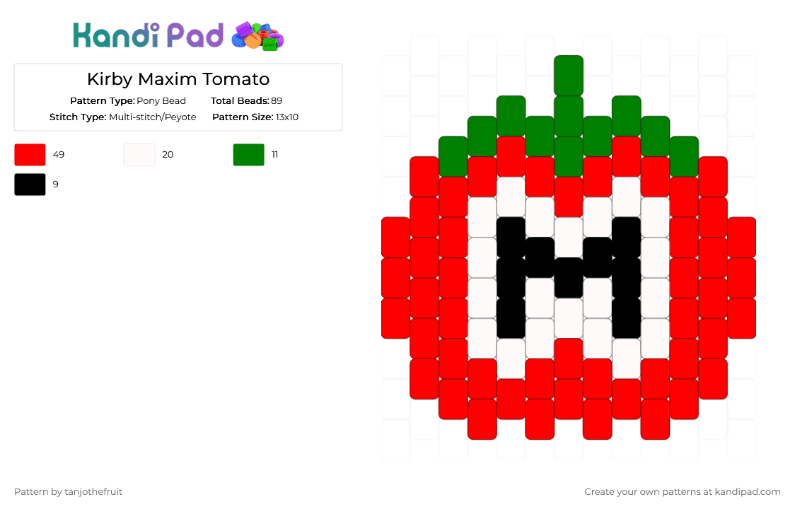 Kirby Maxim Tomato - Pony Bead Pattern by tanjothefruit on Kandi Pad - red,kirby,gaming,video games,nintendo,tomato,fruit,charm,peyote