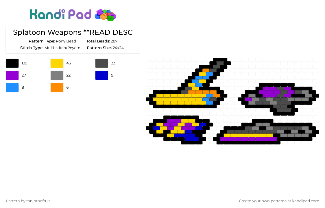 Splatoon Weapons **READ DESC - Pony Bead Pattern by tanjothefruit on Kandi Pad - black,purple,yellow,gray