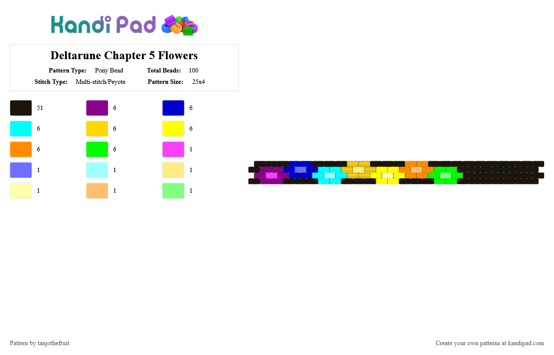 Deltarune Chapter 5 Flowers - Pony Bead Pattern by tanjothefruit on Kandi Pad - black, colorful, cuff, deltarune, flowers, green, peyote, purple, simple, yellow