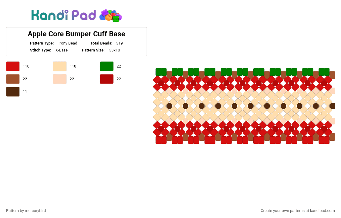 Apple Core Bumper Cuff Base - Pony Bead Pattern by mercurybird on Kandi Pad - red,beige
