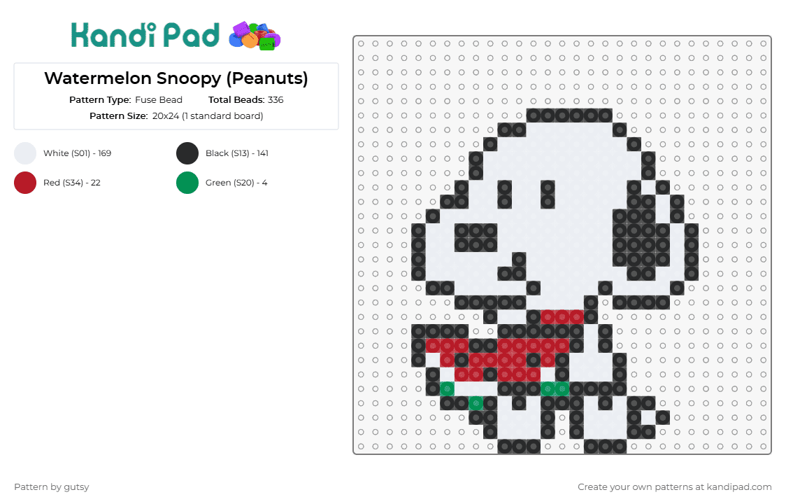 Watermelon Snoopy (Peanuts) - Fuse Bead Pattern by gutsy on Kandi Pad - snoopy,peanuts,watermelon,fruit,food,dog,cute,comic,white,red
