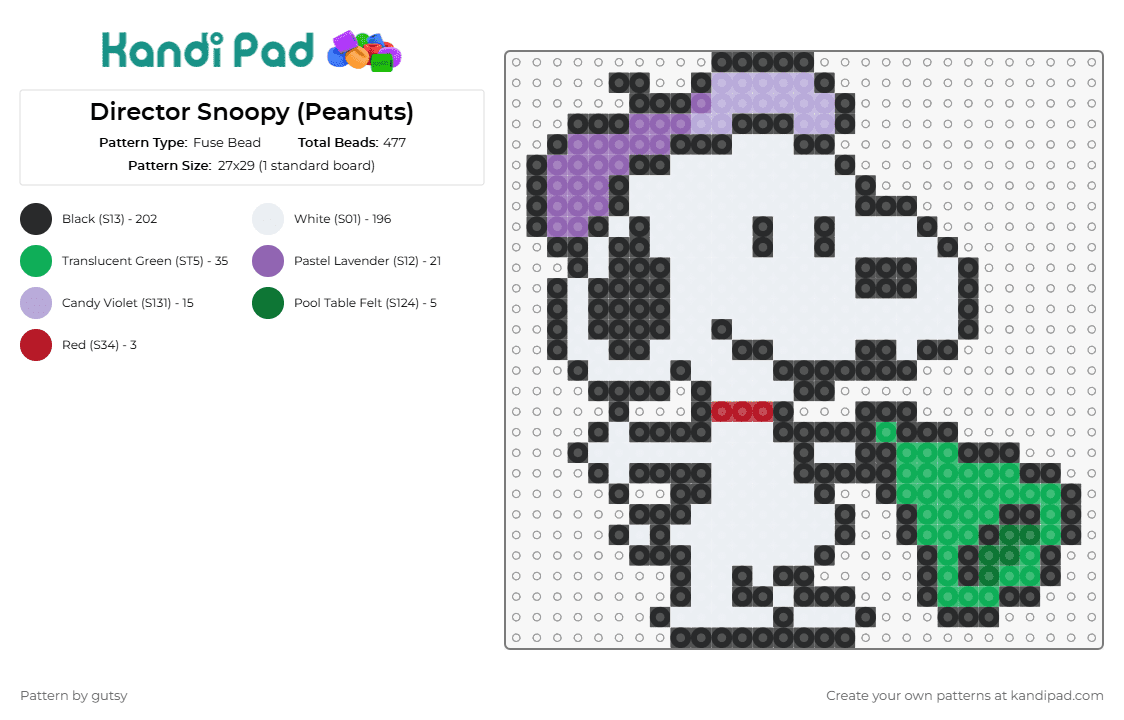 Director Snoopy (Peanuts) - Fuse Bead Pattern by gutsy on Kandi Pad - snoopy,peanuts,director,character,megaphone,dog,white,green