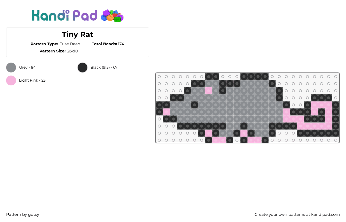 Tiny Rat - Fuse Bead Pattern by gutsy on Kandi Pad - rat,mouse,rodent,animal,cute,charm,gray,pink