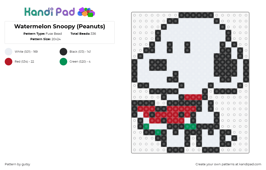 Watermelon Snoopy (Peanuts) - Fuse Bead Pattern by gutsy on Kandi Pad - snoopy,peanuts,watermelon,fruit,food,dog,cute,comic,white,red