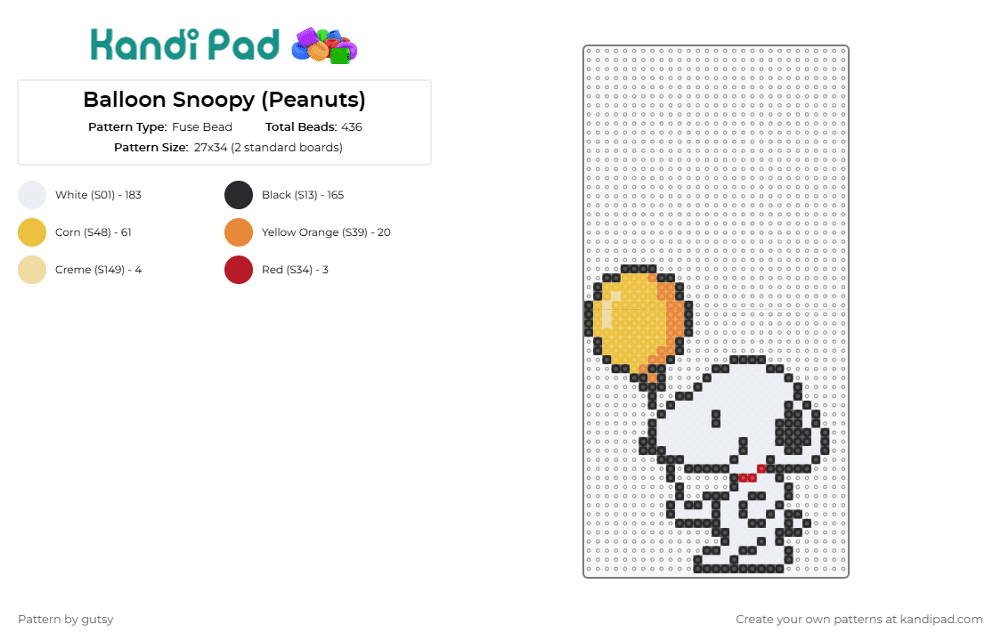Balloon Snoopy (Peanuts) - Fuse Bead Pattern by gutsy on Kandi Pad - snoopy,peanuts,balloon,dog,happy,cute,comic,white,orange