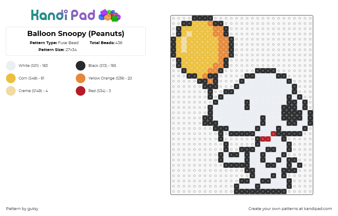 Balloon Snoopy (Peanuts) - Fuse Bead Pattern by gutsy on Kandi Pad - snoopy,peanuts,balloon,dog,happy,cute,comic,white,orange