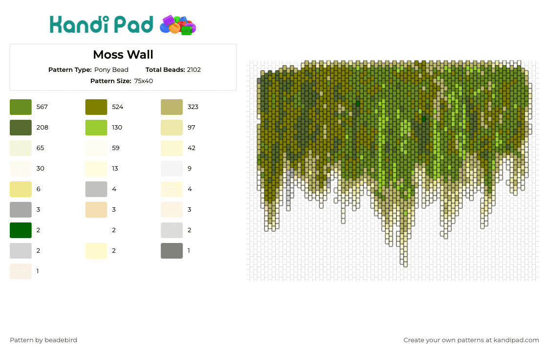 Moss Wall - Pony Bead Pattern by beadebird on Kandi Pad - moss,grass,nature,earthy,drippy,vines,slime,green