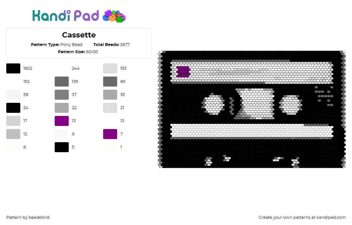 Cassette - Pony Bead Pattern by beadebird on Kandi Pad - cassette,tape,audio,music,classic,black,white