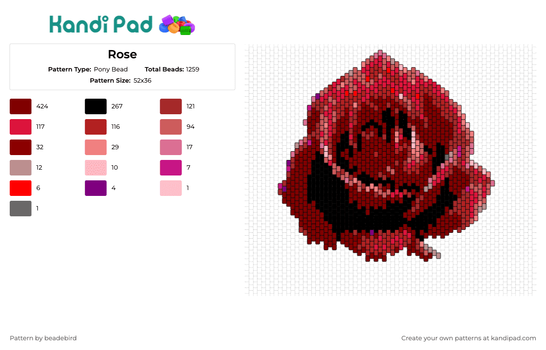 Rose - Pony Bead Pattern by beadebird on Kandi Pad - rose,flower,bloom,love,valentines,red