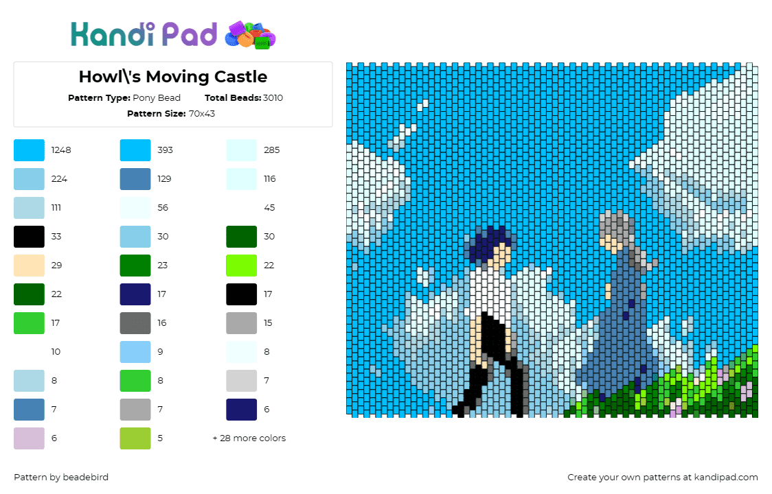 Howl\'s Moving Castle - Pony Bead Pattern by beadebird on Kandi Pad - howls moving castle,landscape,anime,clouds,nature,light blue