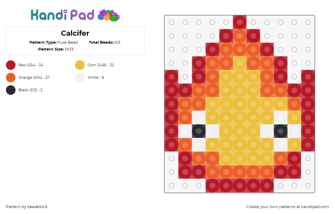 Calcifer - Fuse Bead Pattern by beadebird on Kandi Pad - calcifer,howls moving castle,character,fire,flame,yellow,orange