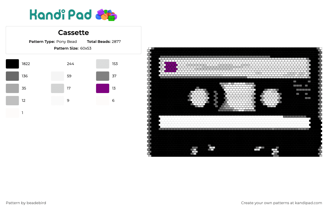 Cassette - Pony Bead Pattern by beadebird on Kandi Pad - cassette,tape,audio,music,classic,black,white