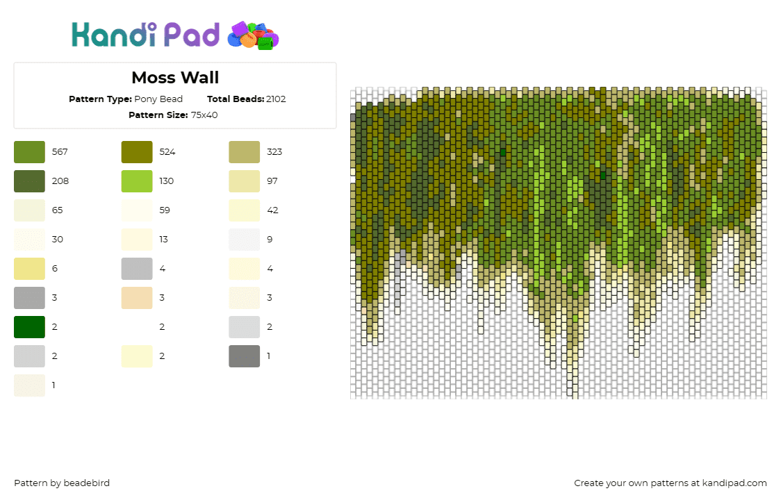 Moss Wall - Pony Bead Pattern by beadebird on Kandi Pad - moss,grass,nature,earthy,drippy,vines,slime,green