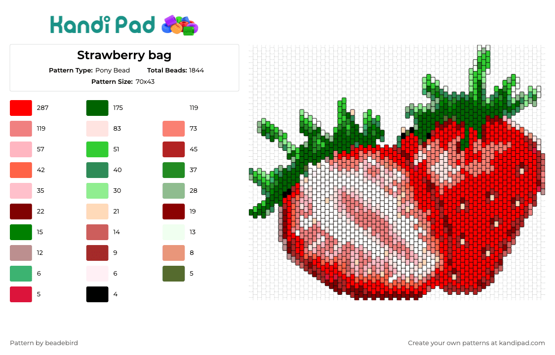 Strawberry bag - Pony Bead Pattern by beadebird on Kandi Pad - strawberries,fruit,food,sweet,summer,bag,red,green