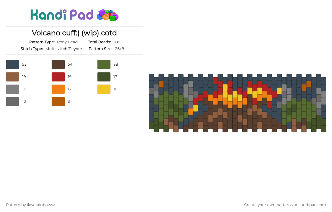Erupting Volcano cuff COTD - Pony Bead Pattern by ilavarainbowsz on Kandi Pad - brown,tan,gold,purple,cotdvolcanoes