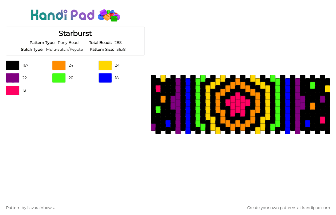 Rainbow starburst - Pony Bead Pattern by ilavarainbowsz on Kandi Pad - black, colorful, party, pink, rainbow, scene, star, yellow
