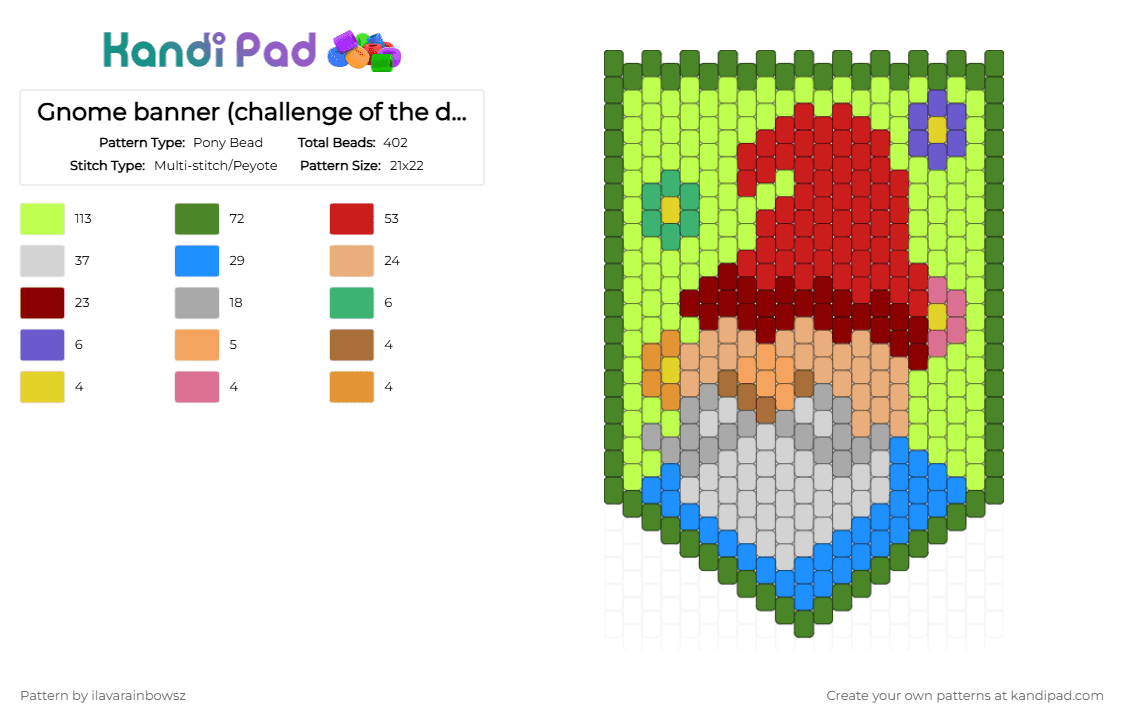 Gnome banner (COTD) - Pony Bead Pattern by ilavarainbowsz on Kandi Pad - green,red,beige,yellow,gnomes,cotd