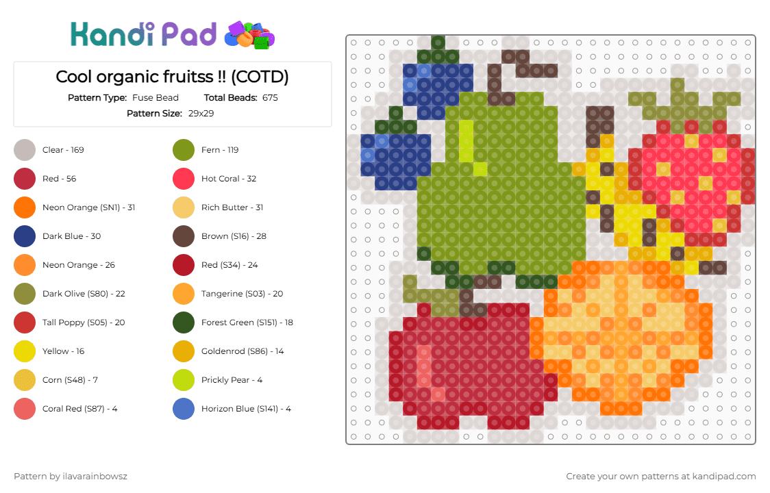 Cool organic fruitss !! (COTD) - Fuse Bead Pattern by ilavarainbowsz on Kandi Pad - gold,orange,beige,red,fruits,cotd,organic,healthy,colorful,cotdorganic