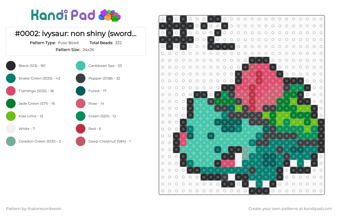#0002: ivysaur: non shiny (sword/shield sprite) - Fuse Bead Pattern by thatoneumbreon on Kandi Pad - teal
