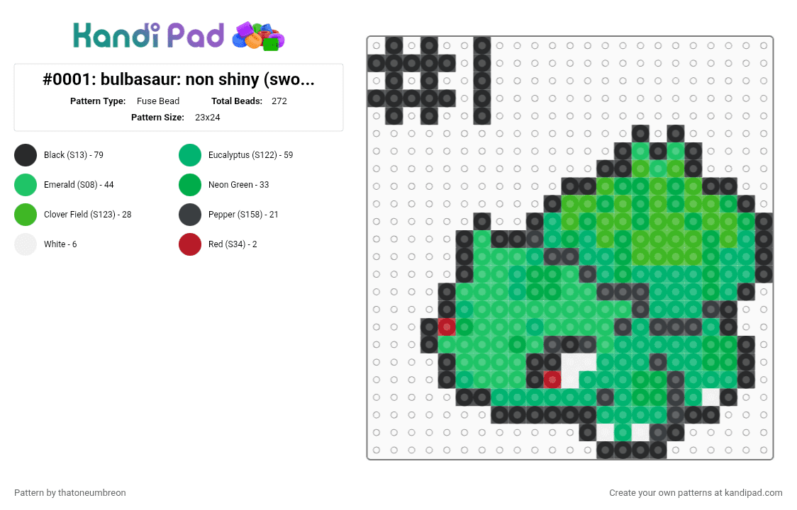 #0001: bulbasaur: non shiny (sword/shield sprite) - Fuse Bead Pattern by thatoneumbreon on Kandi Pad - green