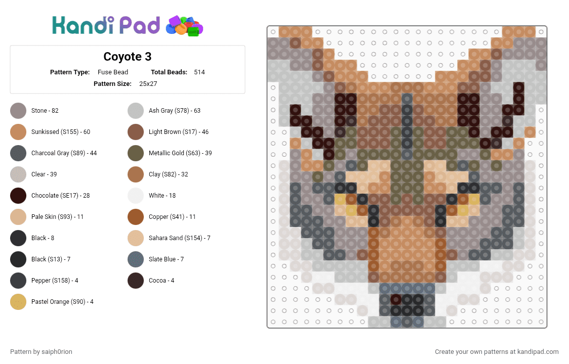 Coyote 3 - Fuse Bead Pattern by saiph0rion on Kandi Pad - tan,gray,beige