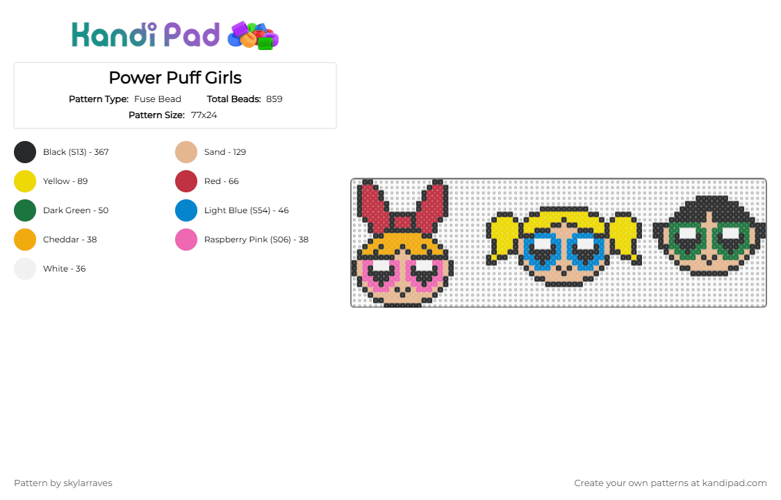 Power Puff Girls - Fuse Bead Pattern by skylarraves on Kandi Pad - beige, black, red, yellow