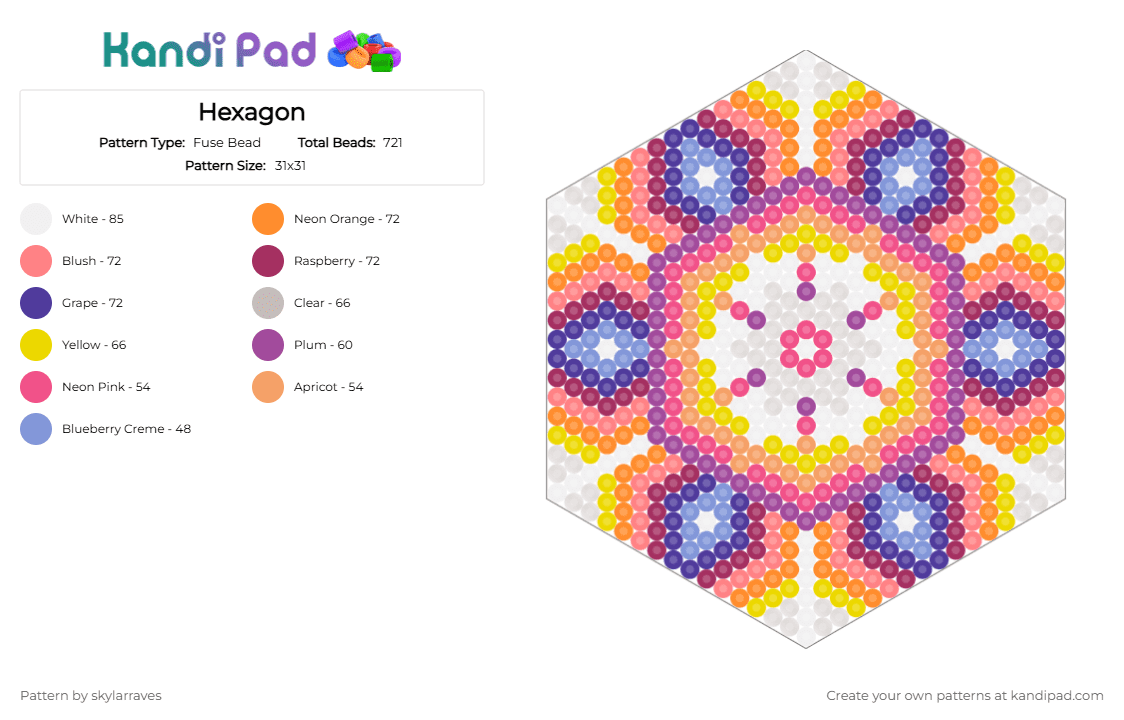 Hexagon - Fuse Bead Pattern by skylarraves on Kandi Pad - orange,pink