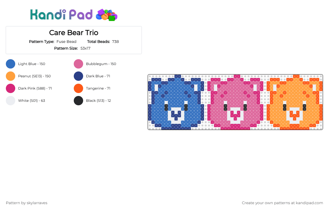 Care Bear Trio - Fuse Bead Pattern by skylarraves on Kandi Pad - blue,pink,orange