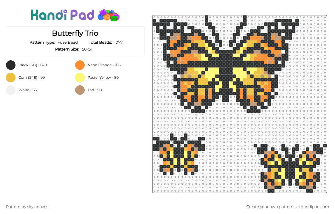 Butterfly Trio - Fuse Bead Pattern by skylarraves on Kandi Pad - black,yellow