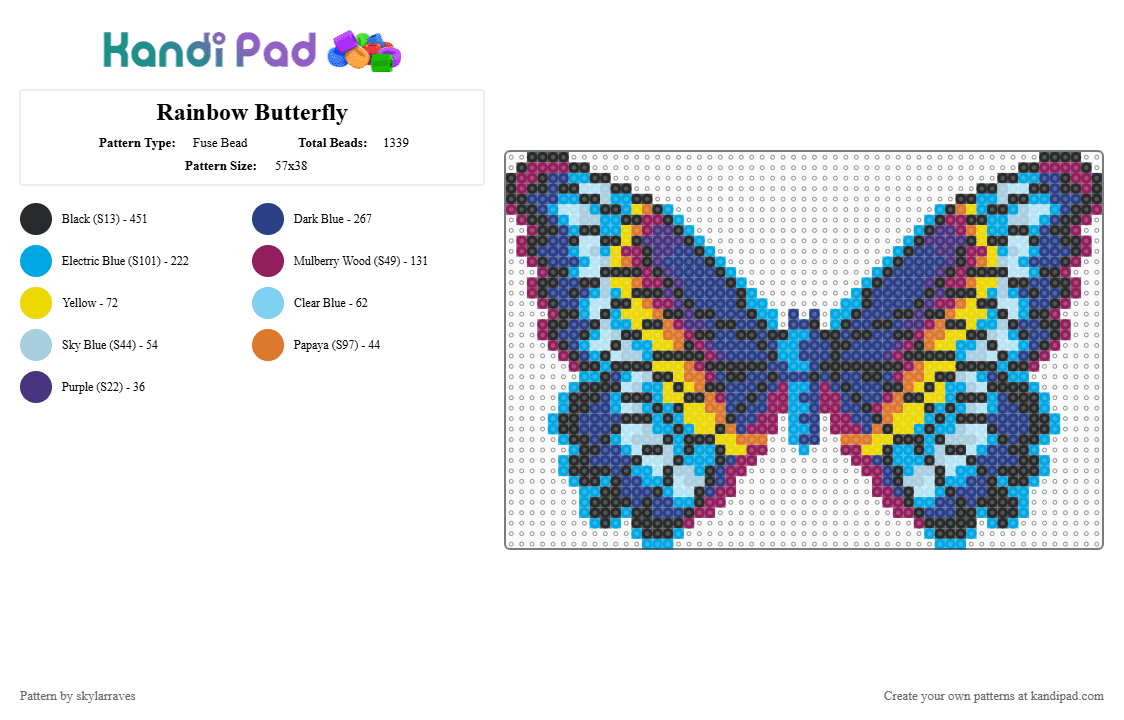 Rainbow Butterfly - Fuse Bead Pattern by skylarraves on Kandi Pad - blue,light blue