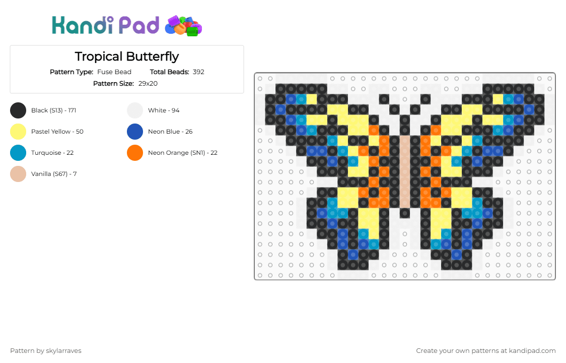 Tropical Butterfly - Fuse Bead Pattern by skylarraves on Kandi Pad - black,white,blue,yellow