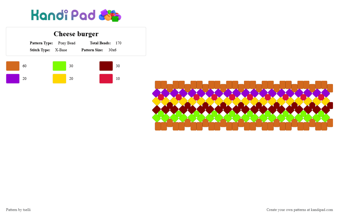 Cheeseburger Xbase - Pony Bead Pattern by tselli on Kandi Pad - orange,green,brown