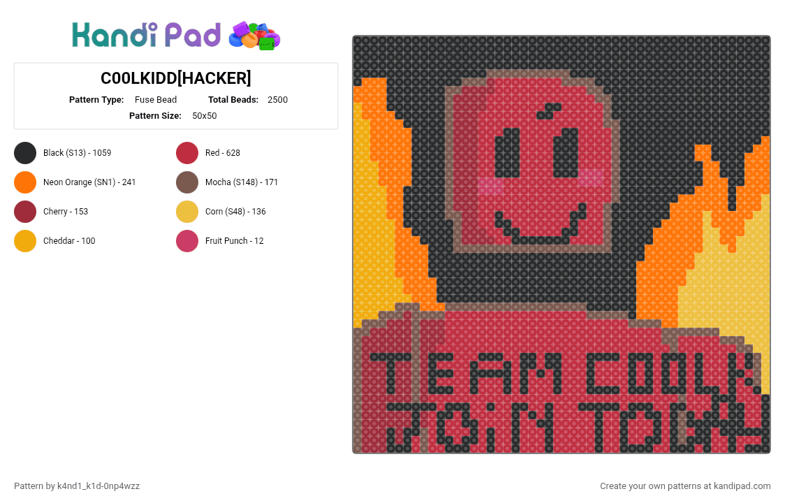 C00LKIDD[HACKER] - Fuse Bead Pattern by k4nd1_k1d-0np4wzz on Kandi Pad - orange, red
