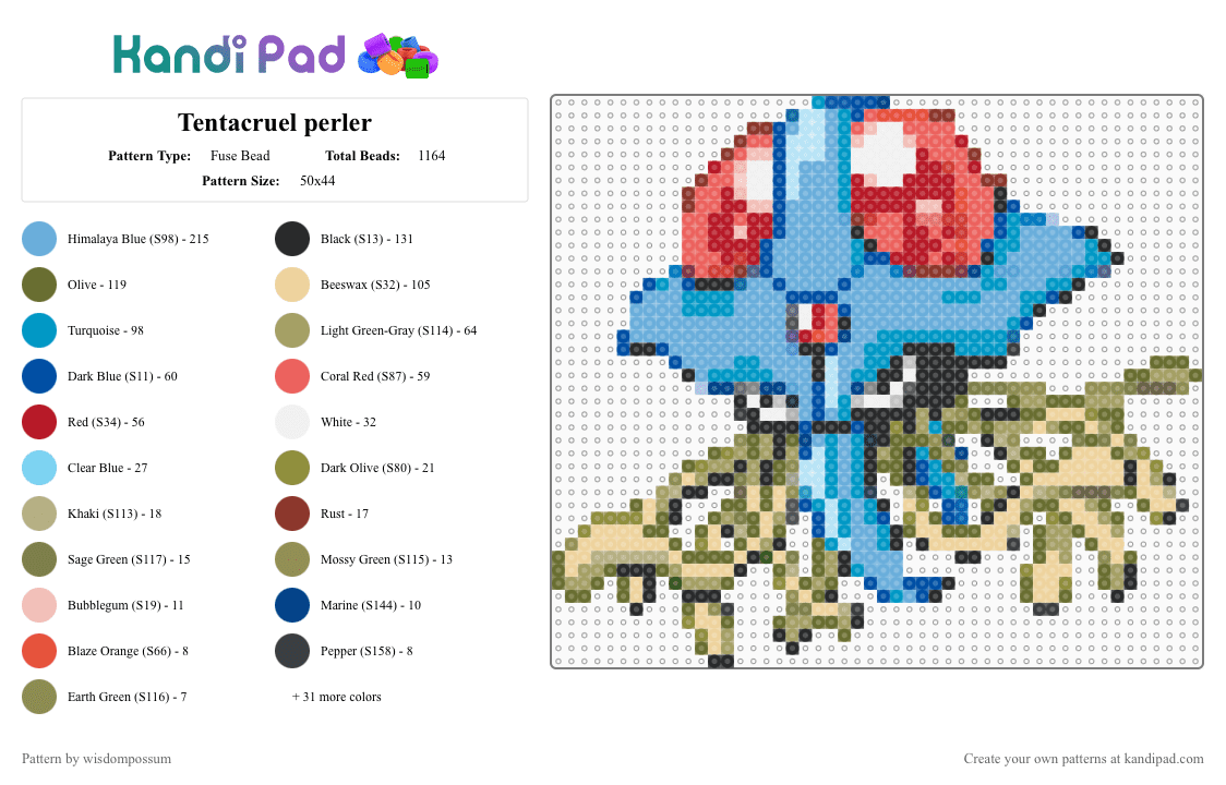 Tentacruel perler - Fuse Bead Pattern by wisdompossum on Kandi Pad - beige, colorful, light blue, red