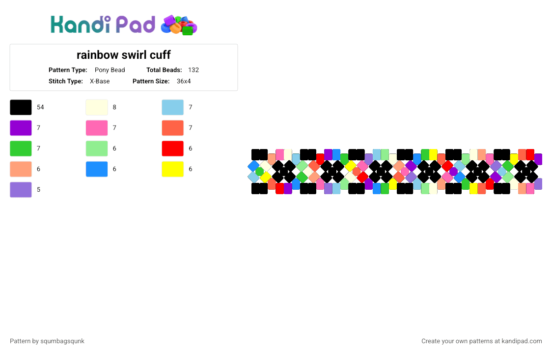 rainbow swirl cuff - Pony Bead Pattern by squmbagsqunk on Kandi Pad - black,light blue,red,purple,rainbow