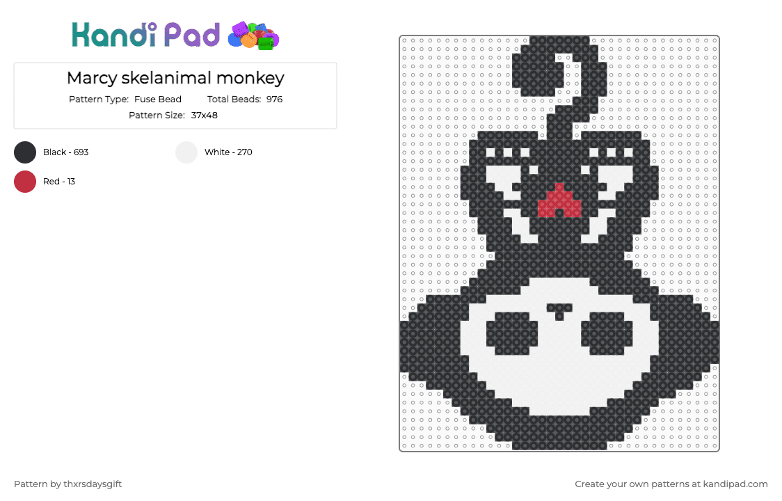 Marcy the Monkey Skelanimal - Fuse Bead Pattern by thxrsdaysgift on Kandi Pad - black,white,skelanimals,emo,monkey,character,skelanimal,marcy
