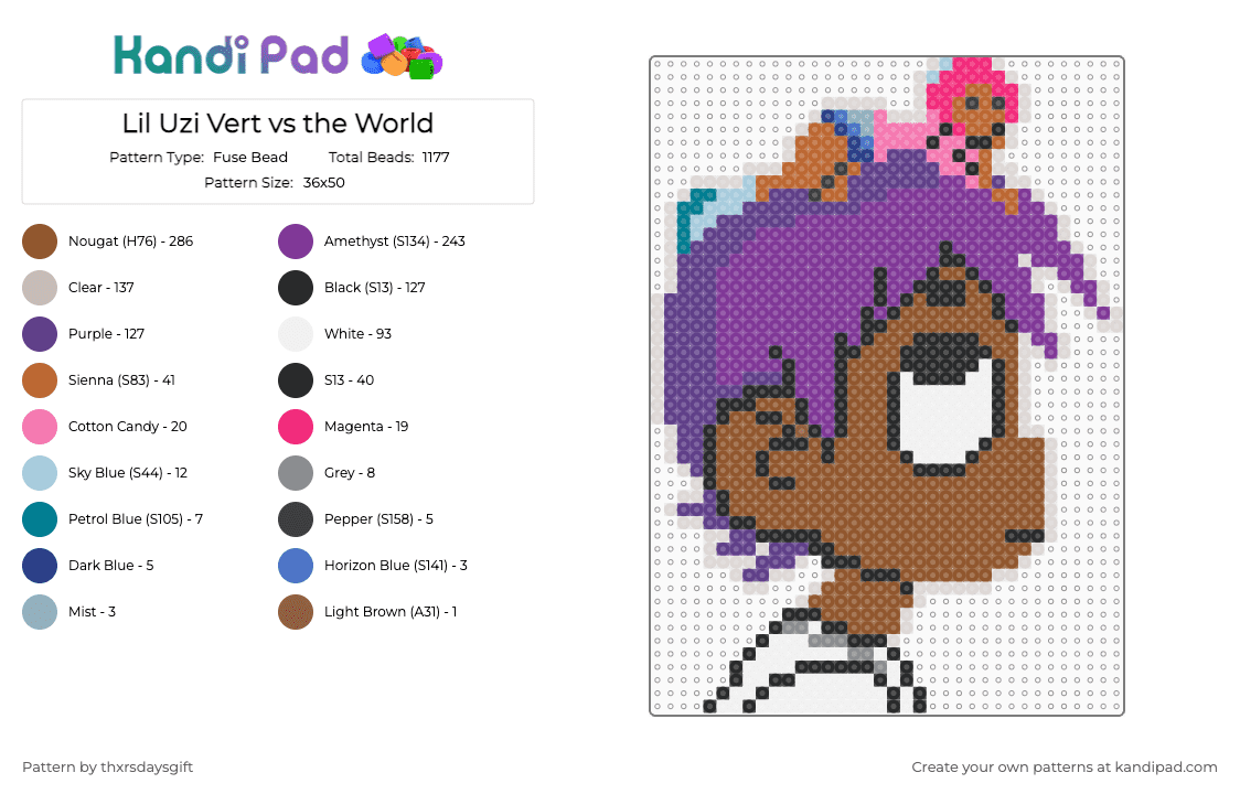 Lil Uzi Vert vs the World - Fuse Bead Pattern by thxrsdaysgift on Kandi Pad - pink,tan,beige,purple,lil uzi vert,rap,album covers,albums,music