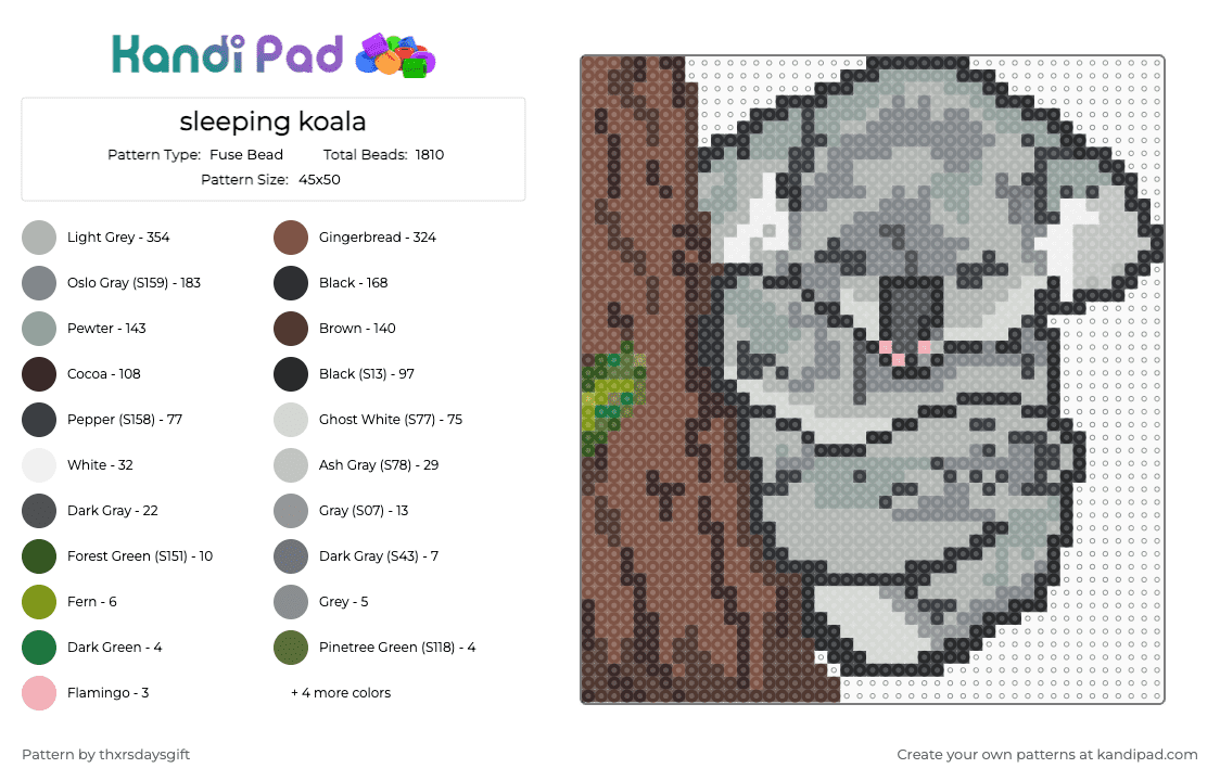 sleeping koala - Fuse Bead Pattern by thxrsdaysgift on Kandi Pad - gray,beige,brown,tan,koala,nature,animals,marsupials,mammals,herbivore,eucalyptus,sleeping animals