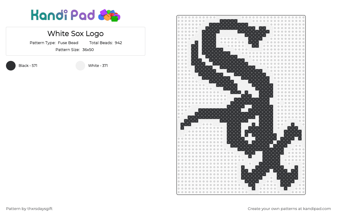 White Sox Logo - Fuse Bead Pattern by thxrsdaysgift on Kandi Pad - white,black,white sox,baseball,sports,logos,chicago