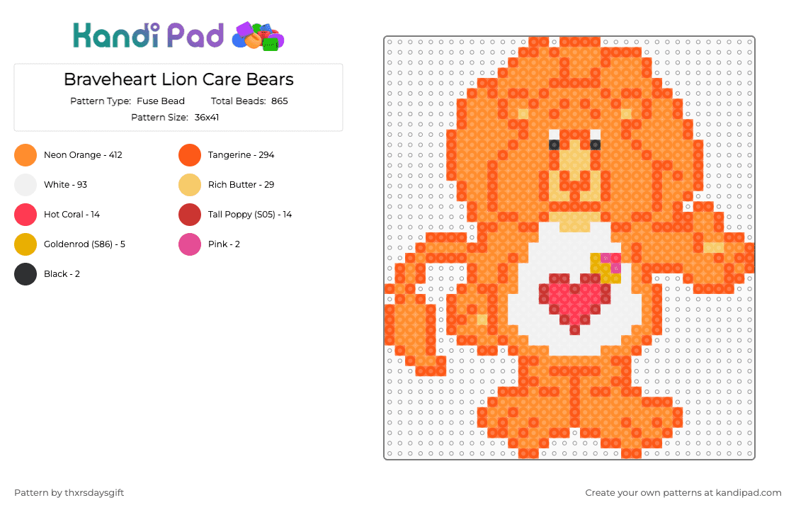 Braveheart Lion Care Bears - Fuse Bead Pattern by thxrsdaysgift on Kandi Pad - care bear cousins, care bears, cartoons, characters, lion, love, nostalgic, orange