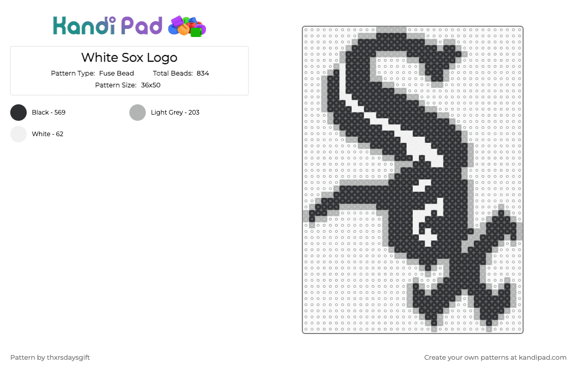 White Sox Logo - Fuse Bead Pattern by thxrsdaysgift on Kandi Pad - black,beige,white sox,baseball,sports,logos,chicago