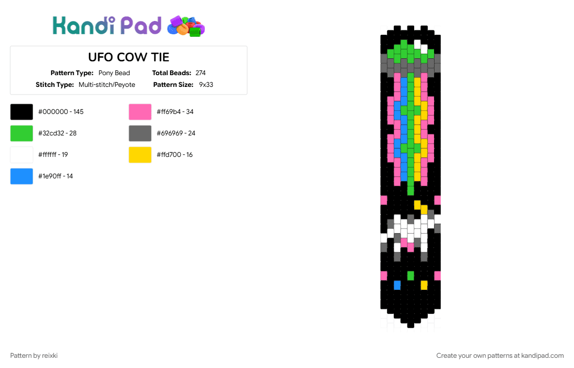UFO COW TIE - Pony Bead Pattern by reixki on Kandi Pad - black, gray, green, pink