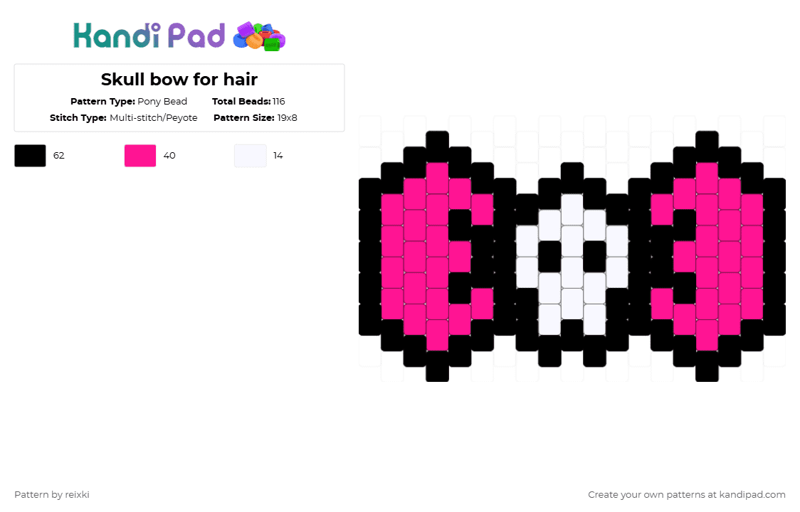 Skull bow for hair - Pony Bead Pattern by reixki on Kandi Pad - pink