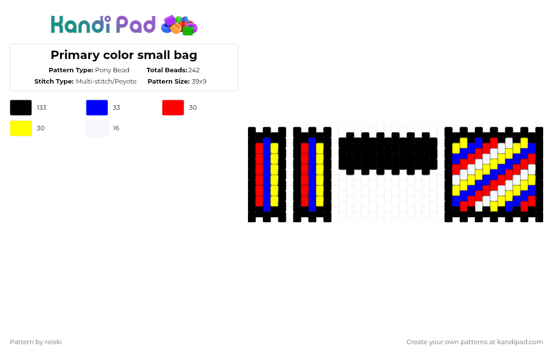 Primary color small bag - Pony Bead Pattern by reixki on Kandi Pad - black,red,purple,yellow