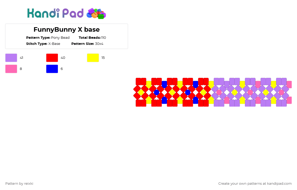 FunnyBunny X base - Pony Bead Pattern by reixki on Kandi Pad - red,pink,tadc,funnybunny,blue,x base,digital circus,pomni,jax