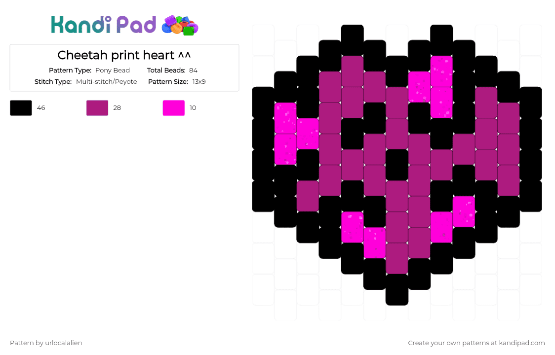 Cheetah print heart ^^ - Pony Bead Pattern by urlocalalien on Kandi Pad - black, pink